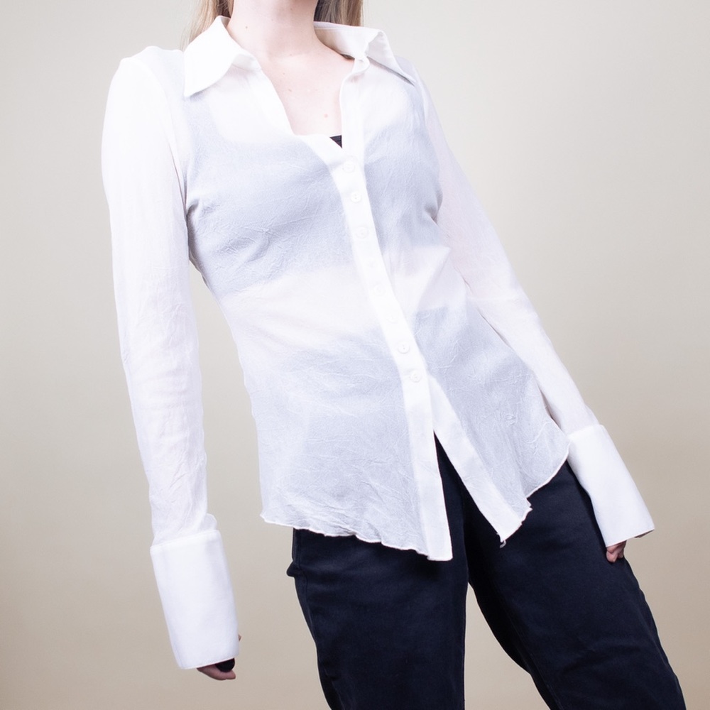Vintage Y2K 90s Bebe white sheer mesh long sleeve collared shirt size large